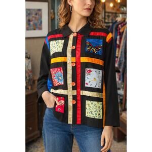 Vintage New Identity XL Patchwork Art Jacket Floral Butterfly Applique Boho